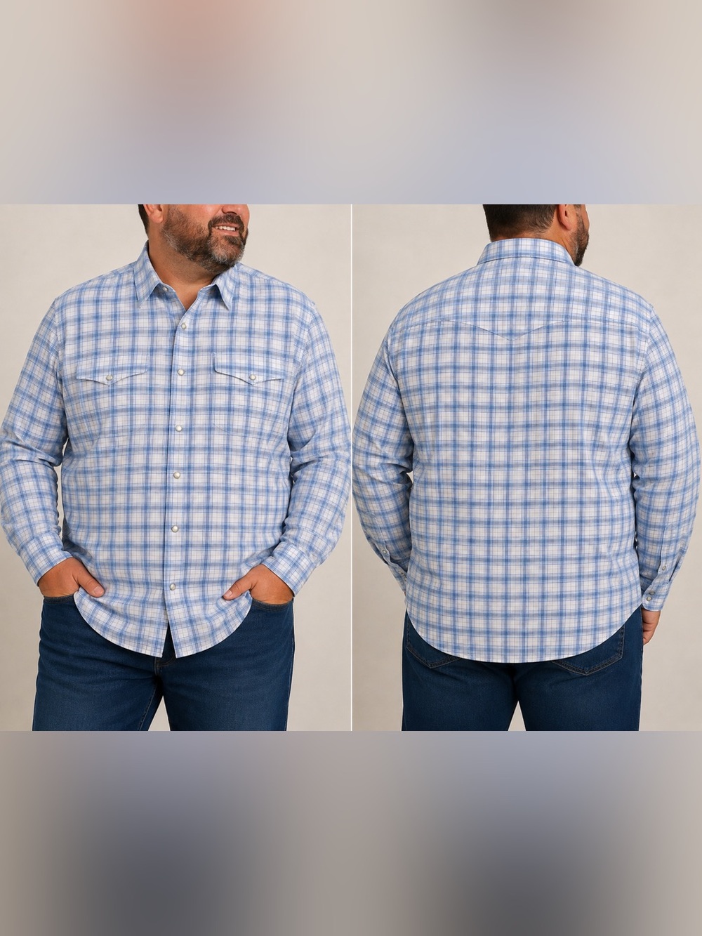 NWT—WRANGLER  shades of Blue- Plaid Long-Sleeve Button-Down Shirt- size XL